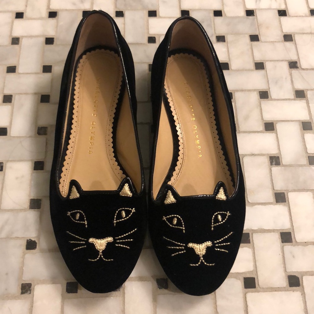 Charlotte Olympia Kitty Flat black velvet gold 37